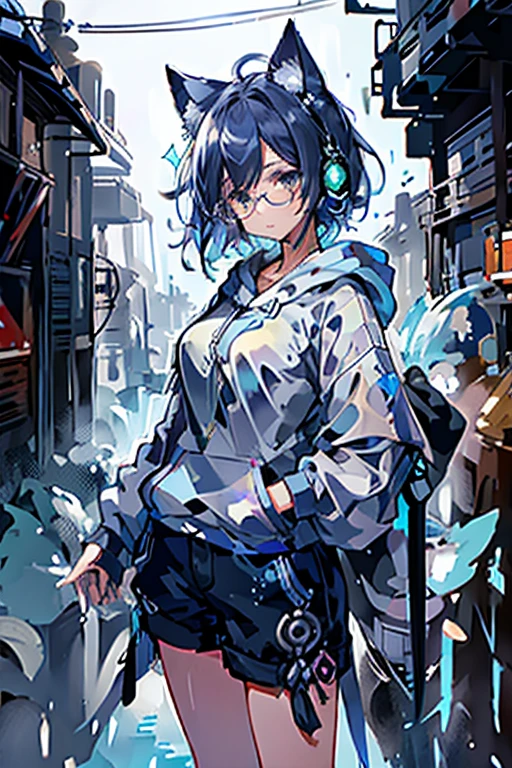 8K high quality、((first-class))、((masterpiece))、((Super detailed))、1 female、solo、outrageously absurd、oversized hoodie、headphones、street、Exterior light、Rain at night、neon、short cut hair、light colored eyes、put one&#39;s hand in one&#39;s pocket、shorts、Water dripping、blue hair gradient purple、bob hair、Glasses、Cat ear、animal ears、Sparkling eyes、soft expression

