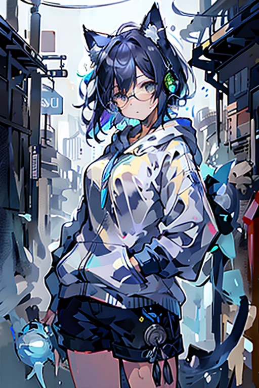 8K high quality、((first-class))、((masterpiece))、((Super detailed))、1 female、solo、outrageously absurd、oversized hoodie、headphones、street、Exterior light、Rain at night、neon、short cut hair、light colored eyes、put one&#39;s hand in one&#39;s pocket、shorts、Water dripping、blue hair gradient purple、bob hair、Glasses、Cat ear、animal ears、Sparkling eyes、soft expression

