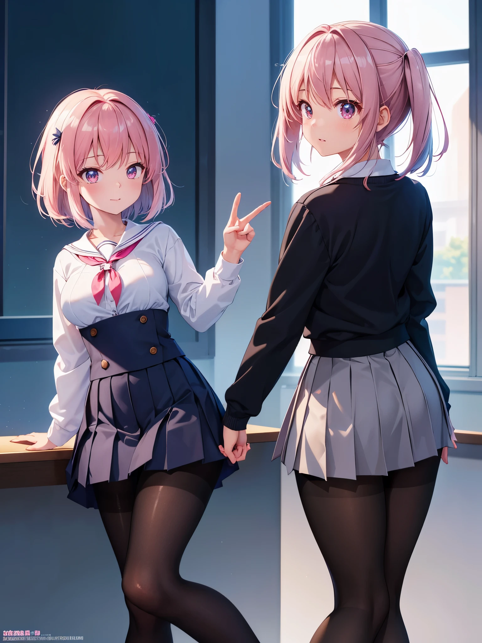 (1 girl),(high quality), (High resolution), (extremely detailed), (8K),(focus on lower body),(CG),high school girl、18-year-old girlfriend、girls high school uniform、navy pleated skirt、panties、(black pantyhose:1.2),(erect nipple shape),No shoes、(neutral white lighting),pink hair,Transparent clothing