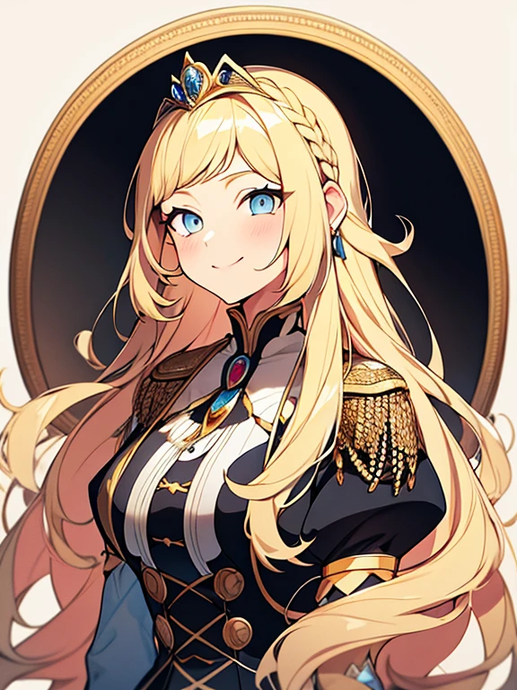 long hair, Princess Haircuts, blonde hair, Bree Eyes, happy girl, cool girl, high school girl, royal, portrait, aristocratic clothes, Peaceful girl