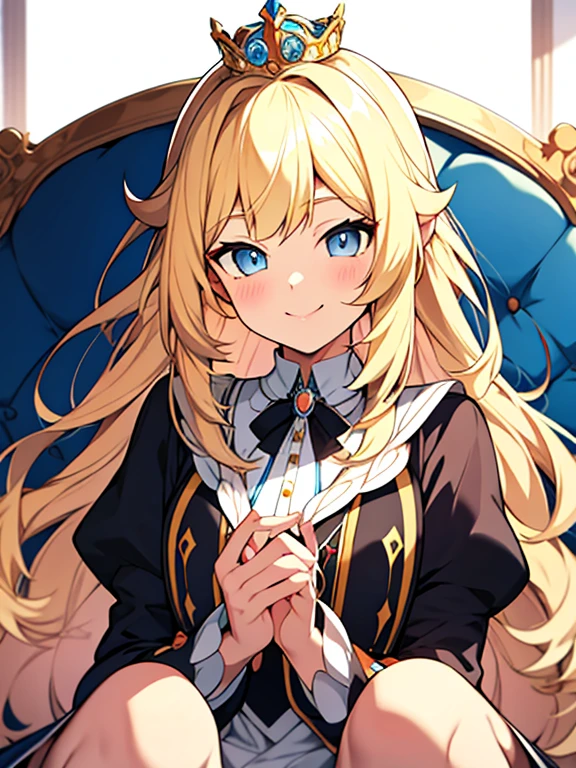 long hair, Princess Haircuts, blonde hair, Bree Eyes, happy girl, cool girl, high school girl, royal, portrait, aristocratic clothes, Peaceful girl