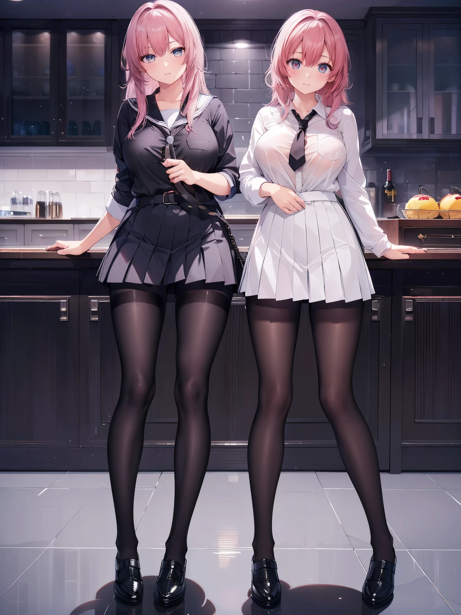 (1 girl),(high quality), (High resolution), (extremely detailed), (8K),(focus on lower body),(CG),high school girl、18-year-old girlfriend、girls high school uniform、navy pleated skirt、panties、(black pantyhose:1.2),(erect nipple shape),No shoes、(neutral white lighting),pink hair,Transparent clothing