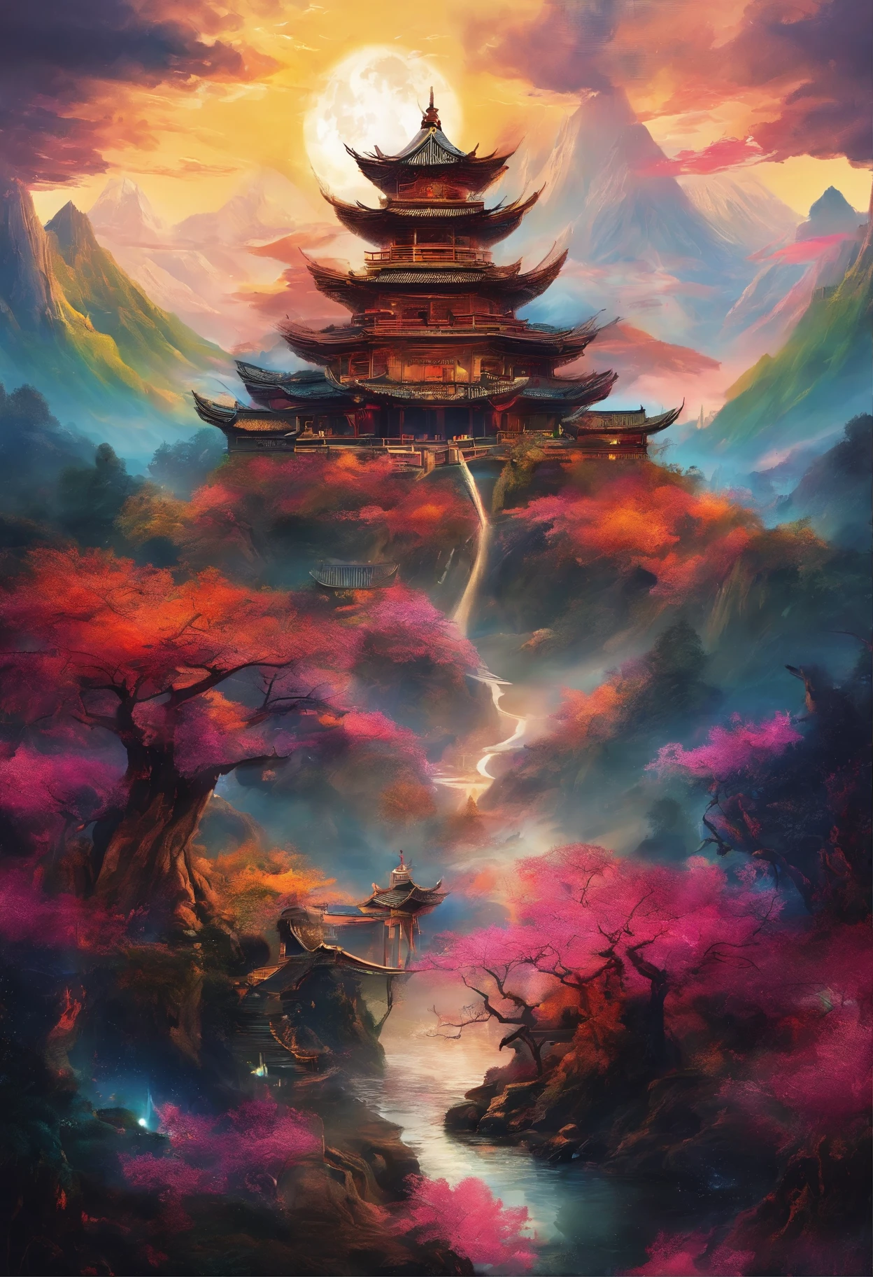 Chinese mythology,Mountain海经,Mountain,Moonlight night,masterpiece,best picture quality,Super fine,Super magical,Super detailed,8K resolution,Overclocked renderer,dynamic perspective
