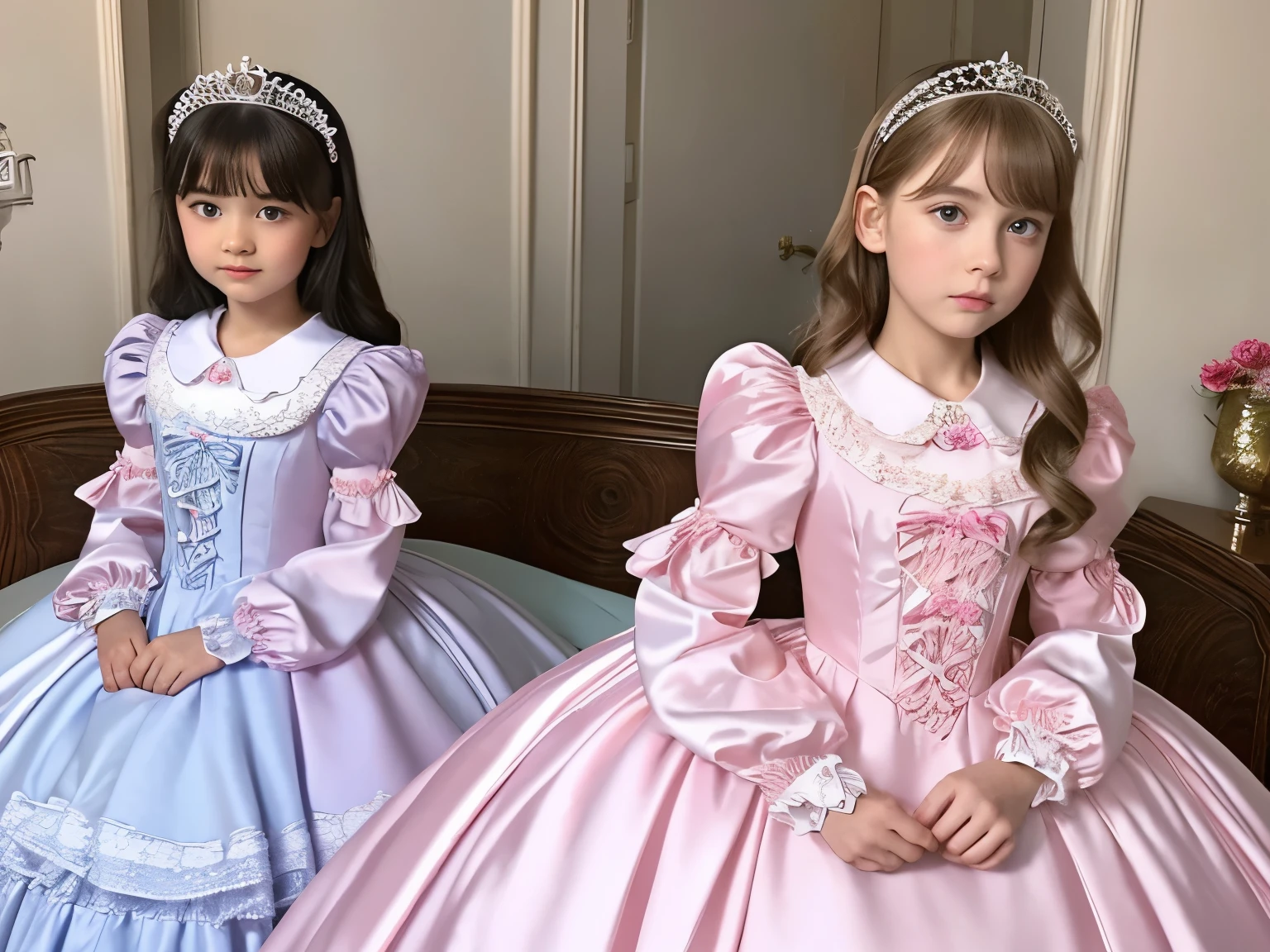 ,highest quality, masterpiece, highest resolution, artwork, super それにget used to it, many get used to it, get used to it, それにget used to it, 3k realistic pictures,,((10 year old little girls)),Ultra-detailed juvenile face,two are princesses,full length ball gown dress with hoop skirt,ruffled yoke collar,puff sleeves,long sleeve,((Lolita style hot pink detailed princess satin dress with lots of ruffles and ribbons)),Rococo style lolita fashion,shiny satin dress,Soft and smooth fabric,luxury,long blonde hair,blue eyes,white skin european,Pajama,((in the bedroom)),high quality princess canopy bed,