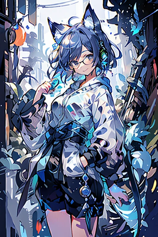8K high quality、((first-class))、((masterpiece))、((Super detailed))、1 female、solo、outrageously absurd、oversized hoodie、headphones、street、Exterior light、Rain at night、neon、short cut hair、light colored eyes、put one's hand in one's pocket、shorts、Water dripping、blue hair gradient purple、bob hair、Glasses、Cat ear、animal ears、Sparkling eyes、soft expression、smile