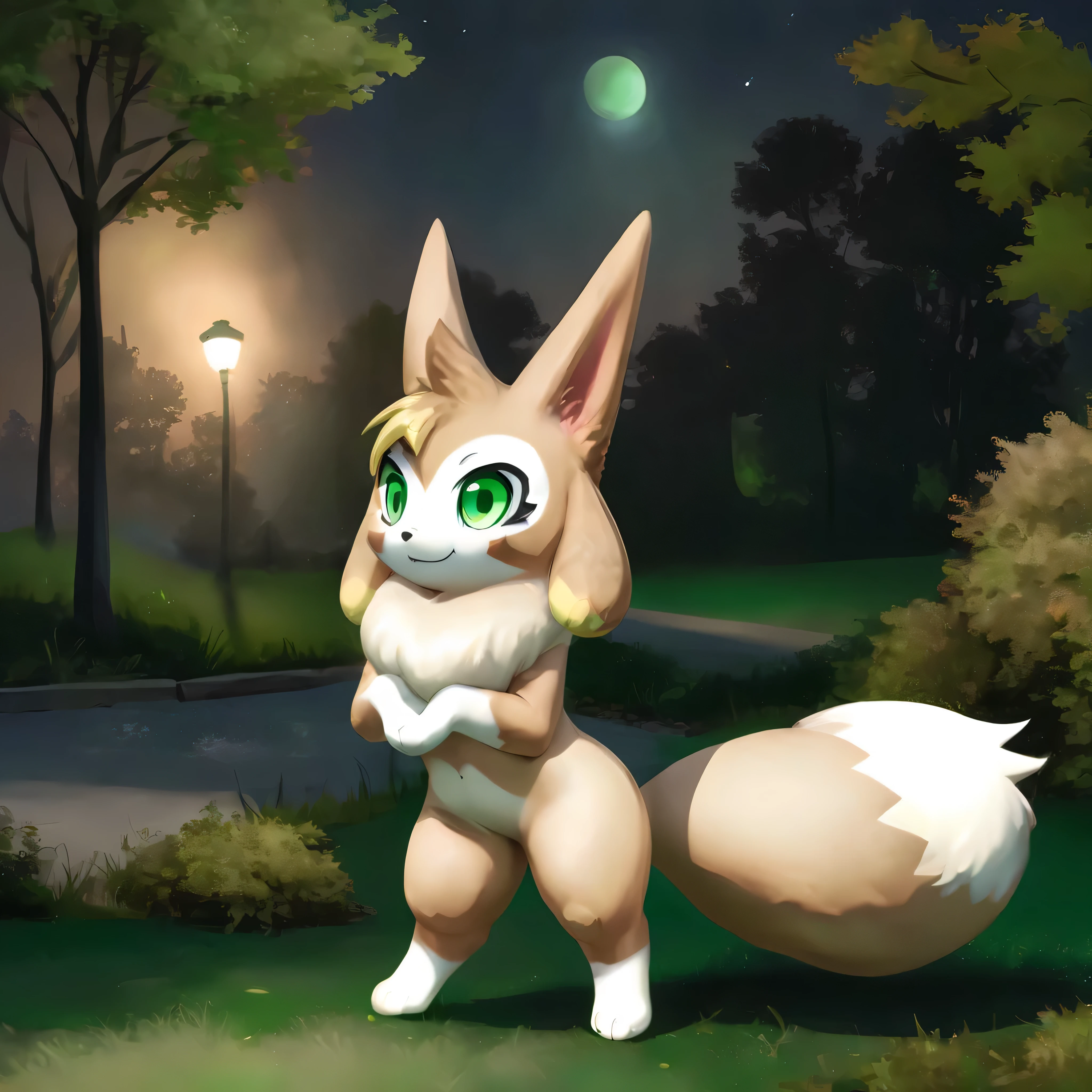 vxypwld style, cute vixy from palworld, big green eyes, beige and white fur, big fluffy tail, chest tuft, standing, posing for fashion photos in the middle of the park, night, moonlight, shadow, nature background