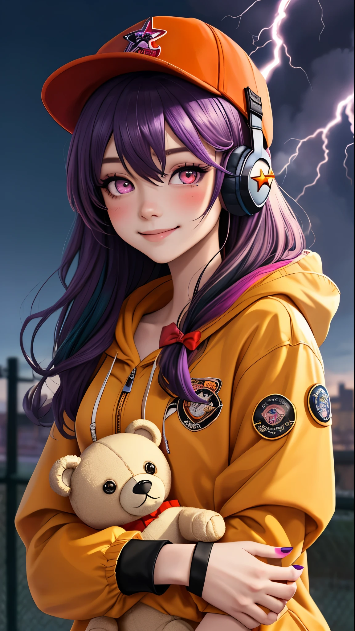 (best quality, masterpiece) 1girl, teddy bear, baseball cap, hat, solo, stuffed animal, stuffed toy, smile, long hair, hood down, jacket, hood, headphones, closed mouth, purple hair, long sleeves, fingernails, nail polish, sleeves past wrists, looking at viewer, multicolored eyes, bangs, hooded jacket, yellow nails, red jacket, multicolored nails, hair ornament, object hug, blush, red nails, white headwear, upper body, purple eyes, claw pose, heart, black headwear, hand up, bow, hoodie, hairclip, nail art, button badge, very long hair, hair between eyes, orange nails, puffy long sleeves, puffy sleeves, black bow, badge, holding, drawstring, red eyes, pink nails, star (symbol), multicolored hair, blue nails, holding stuffed toy, lightning bolt symbol, colorful, looking to the side