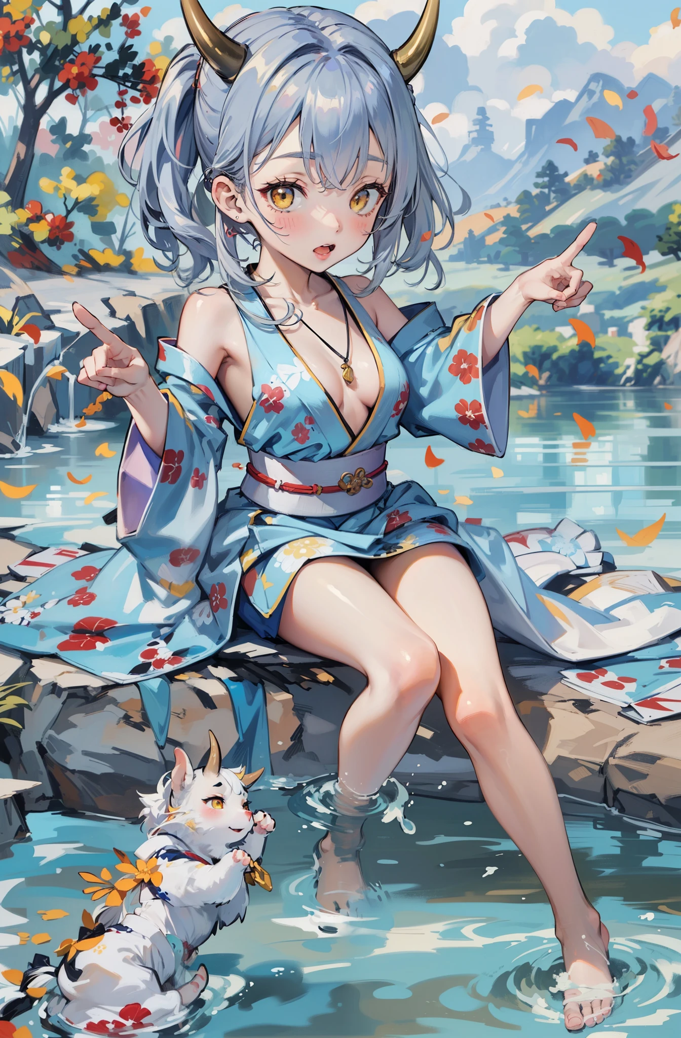 (masterpiece, best quality:1.2), nsfw, (1girl, solo), (, ars old)light blue kimono, open chest), small breasts, (yellow Oni horns, yellow eyes), (gray long hair, pony tail), blush, open mouth, (open legs, spread legs, bare legs), pointing fingers, sitting on the lake side