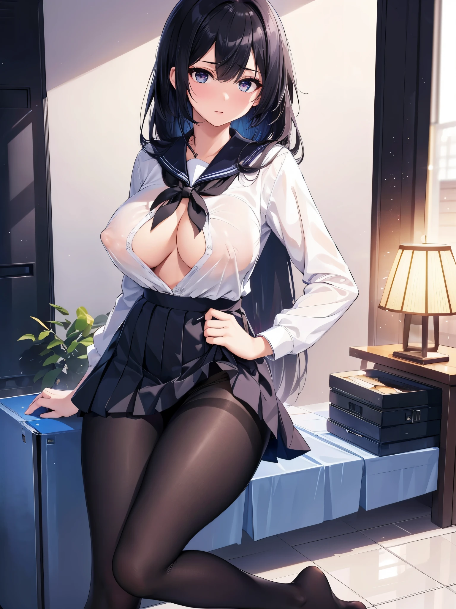(1 girl),(high quality), (High resolution), (extremely detailed), (8K),(focus on lower body),(CG),high school girl、18-year-old girlfriend、girls high school uniform、navy pleated skirt、panties、(black pantyhose:1.2),(erect nipple shape),No shoes、(neutral white lighting),Transparent clothing