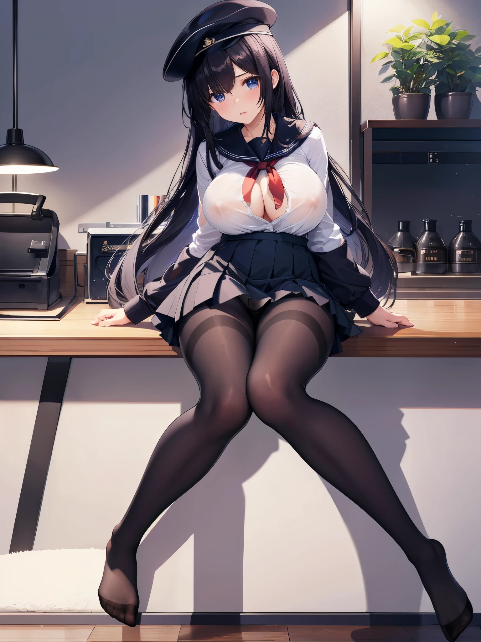 (1 girl),(high quality), (High resolution), (extremely detailed), (8K),(focus on lower body),(CG),high school girl、18-year-old girlfriend、girls high school uniform、navy pleated skirt、panties、(black pantyhose:1.2),(erect nipple shape),No shoes、(neutral white lighting),Transparent clothing