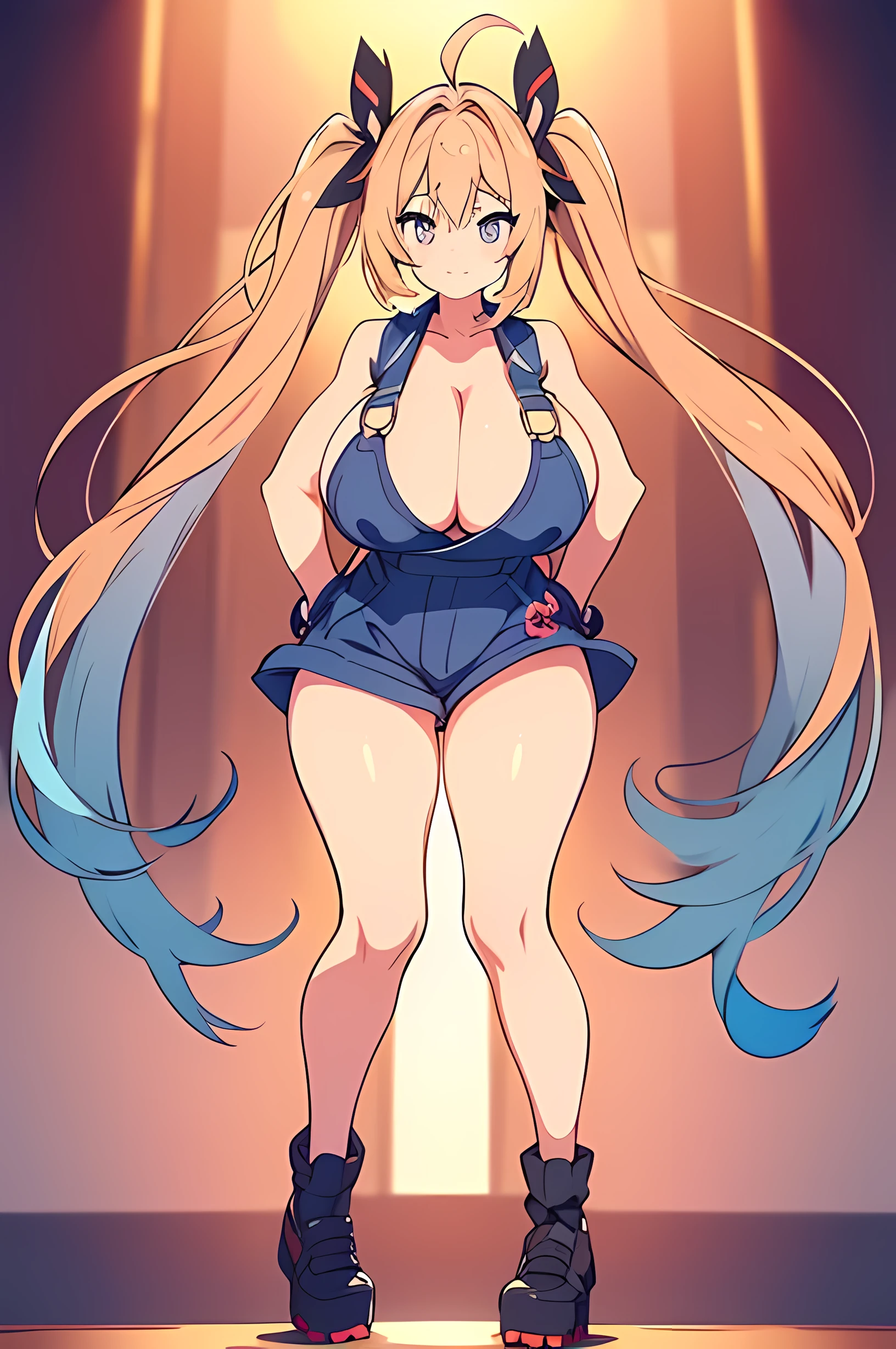huge breasts, cleavage, 1 girl, Ahoge, very long twin tails, micro overalls, NSFW, No sleeve, whole body