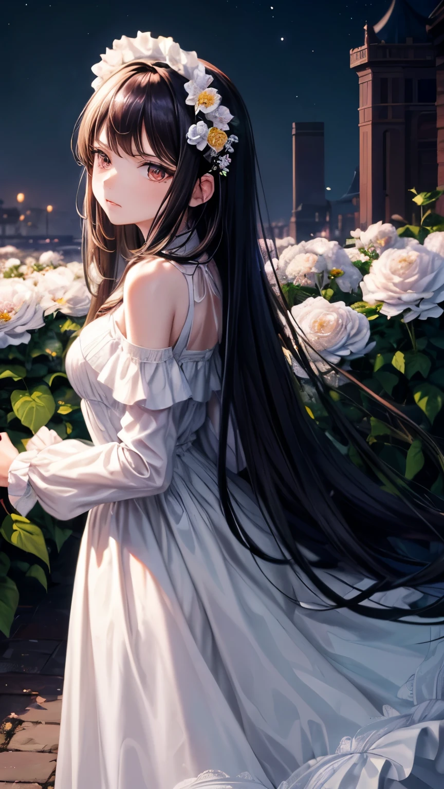 ((maaterpiece,best quality)), Long black hair, woman, looking away, flowers, poofy white dress, cottagecore, moon, mature, angry, modern, Brown detailed eyes
