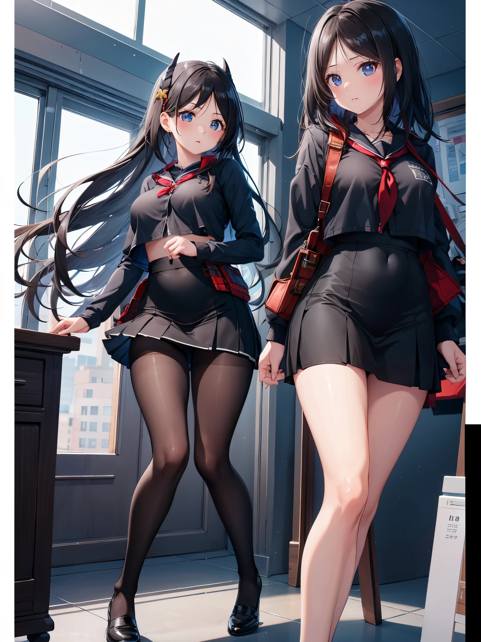 (1 girl),(high quality), (High resolution), (extremely detailed), (8K),(focus on lower body),(CG),high school girl、18-year-old girlfriend、girls high school uniform、navy pleated skirt、panties、(black pantyhose:1.2),(erect nipple shape),No shoes、(neutral white lighting),Transparent clothing