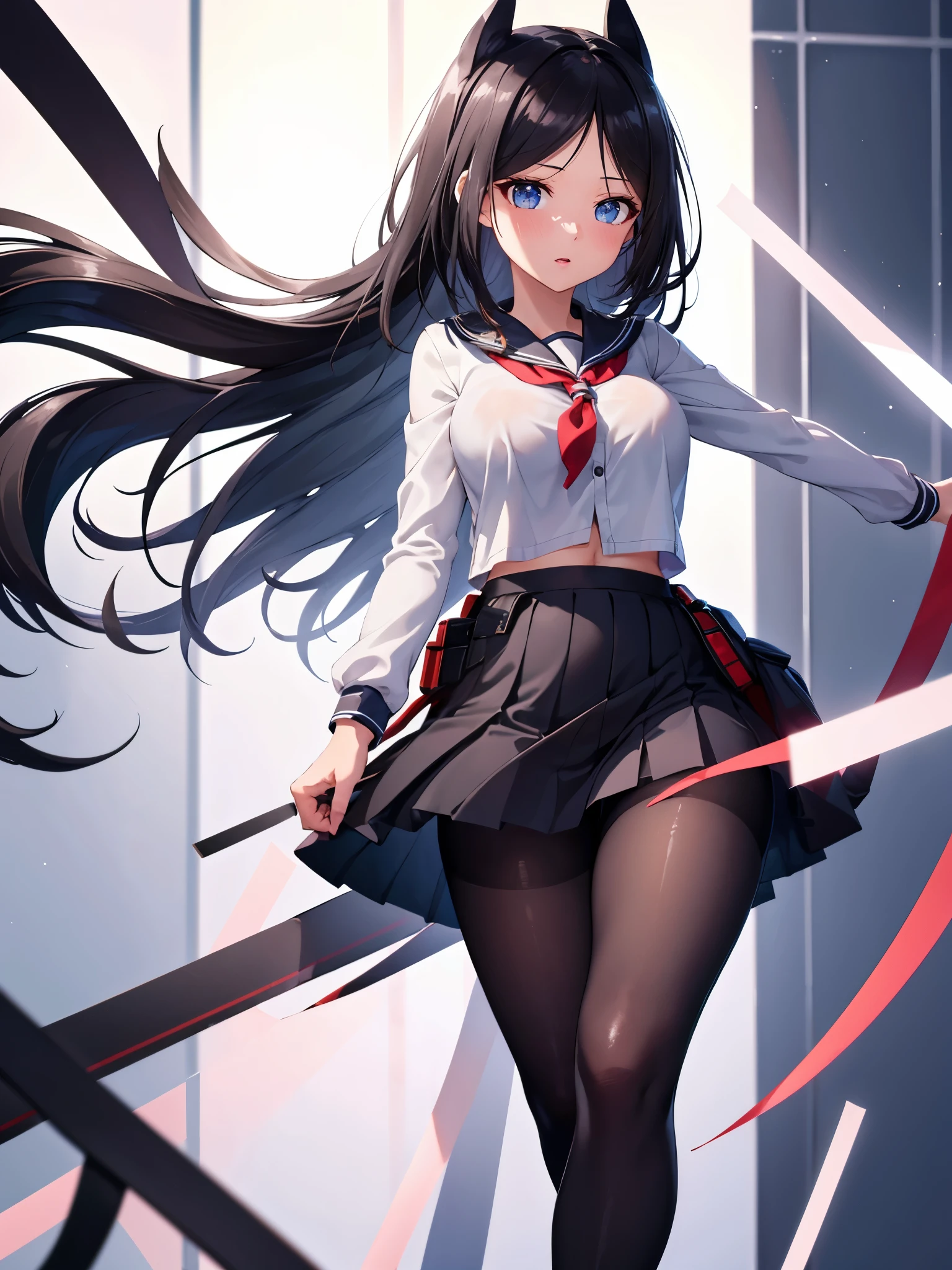 (1 girl),(high quality), (High resolution), (extremely detailed), (8K),(focus on lower body),(CG),high school girl、18-year-old girlfriend、girls high school uniform、navy pleated skirt、panties、(black pantyhose:1.2),(erect nipple shape),No shoes、(neutral white lighting),Transparent clothing