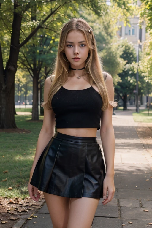 Best quality, ultra realistic, girl with matching black skirt, Sexy girl with blue eyes, portrait Kristina pimenova, blonde hair and large eyes, Natural makeup, Great full body photo, in park,