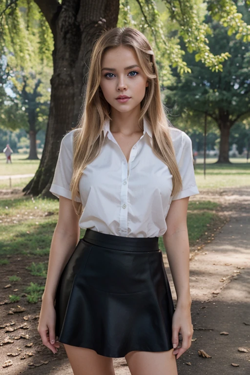 Best quality, ultra realistic, girl with matching black skirt, Sexy girl with blue eyes, portrait Kristina pimenova, blonde hair and large eyes, Natural makeup, Great full body photo, in park,