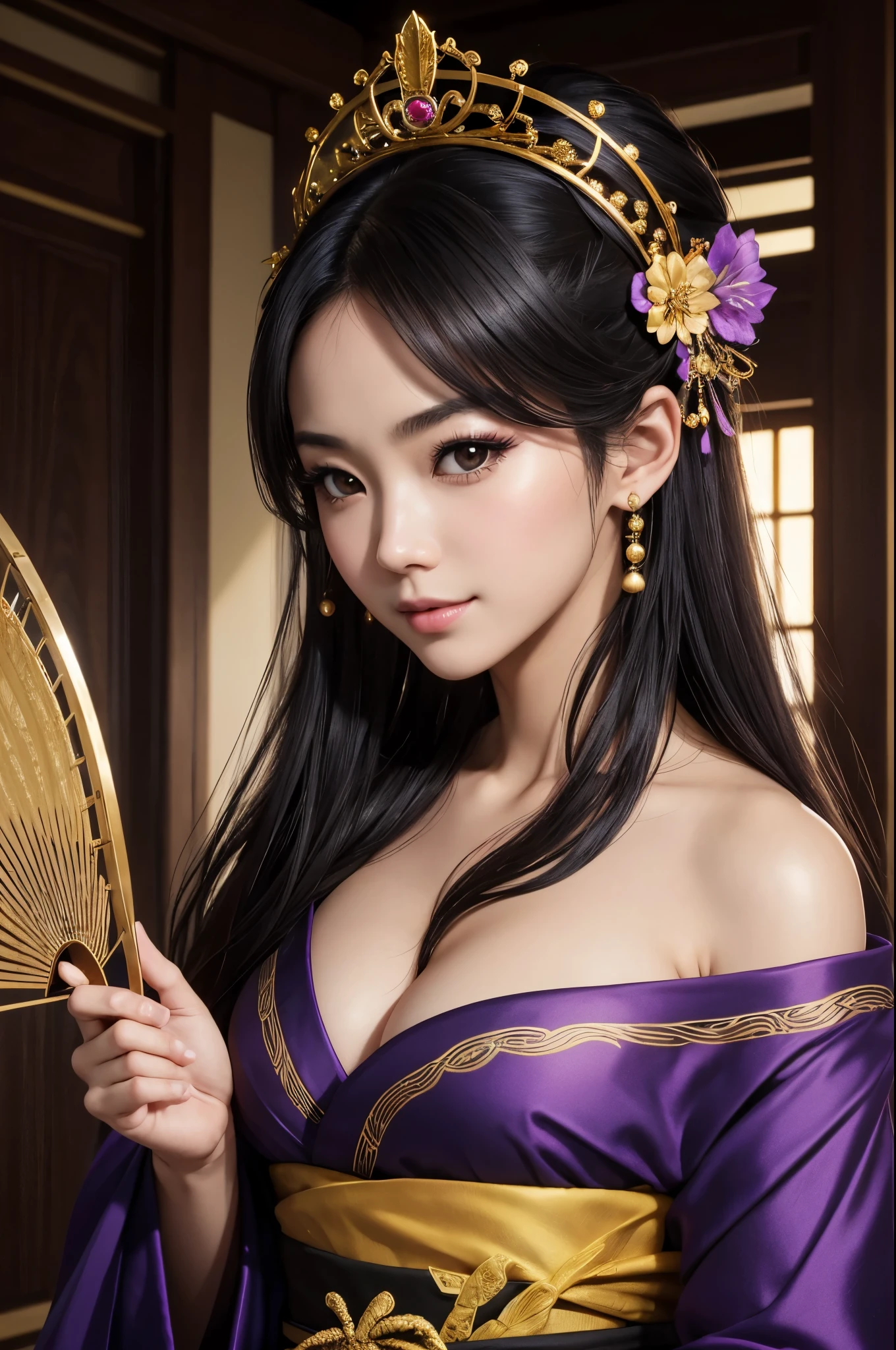 (8K,Photoreal born写真 highest quality;1.4) 1 mature female,Super beautiful(lifelike face) ,(long black hair),清楚なQueen,Gorgeous black and purple Japanese women's traditional costume,seduce the viewer,beautiful expression,moist black eyes,Queenのメイクアップ,(Queen),Charm,small breasts,Golden decoration,筋肉質の細い身体のマッチョなQueen,Gorgeous hair ornaments,hold a fan,kimono,Black and purple kimono,small breasts,red eyeshadow,Super high resolution,surreal,high details,rich colors, Backlight, cinematic lighting, film grain, born, 50mm lens, Nikon D850,smile,Super realistic,highest qualityのフォトリアリスティックなRAW写真。Bright colors,perfect woman image,fantasy art,character art,background,A room in a big mansion,