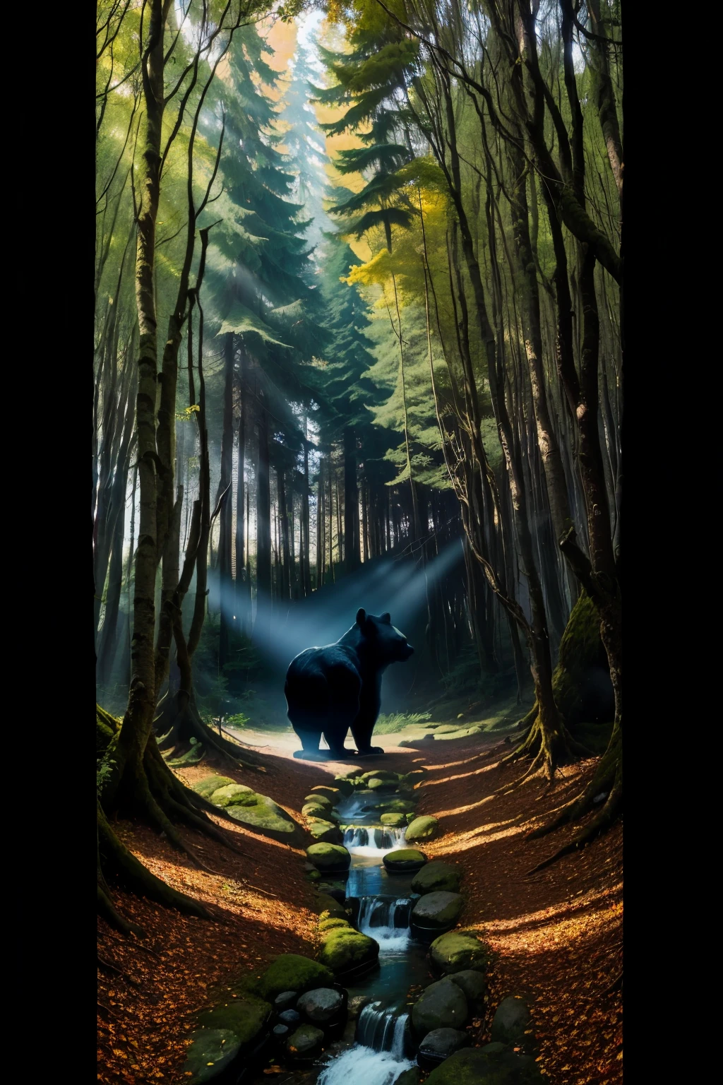 /imagine prompt: In a serene forest, a large black bear with a thick, shaggy mane frolics playfully with a small, agile squirrel. The bear's fur is as dark as the richest, most fertile soil, and the squirrel's gray fur contrasts sharply against the lush greenery. They engage in a delightful game of tag, weaving between the towering trees and darting around the clear, sparkling stream. The forest's verdant foliage is a living tapestry of vibrant colors, with the sunlight filtering through the leaves and casting dappled patterns on the forest floor. This idyllic