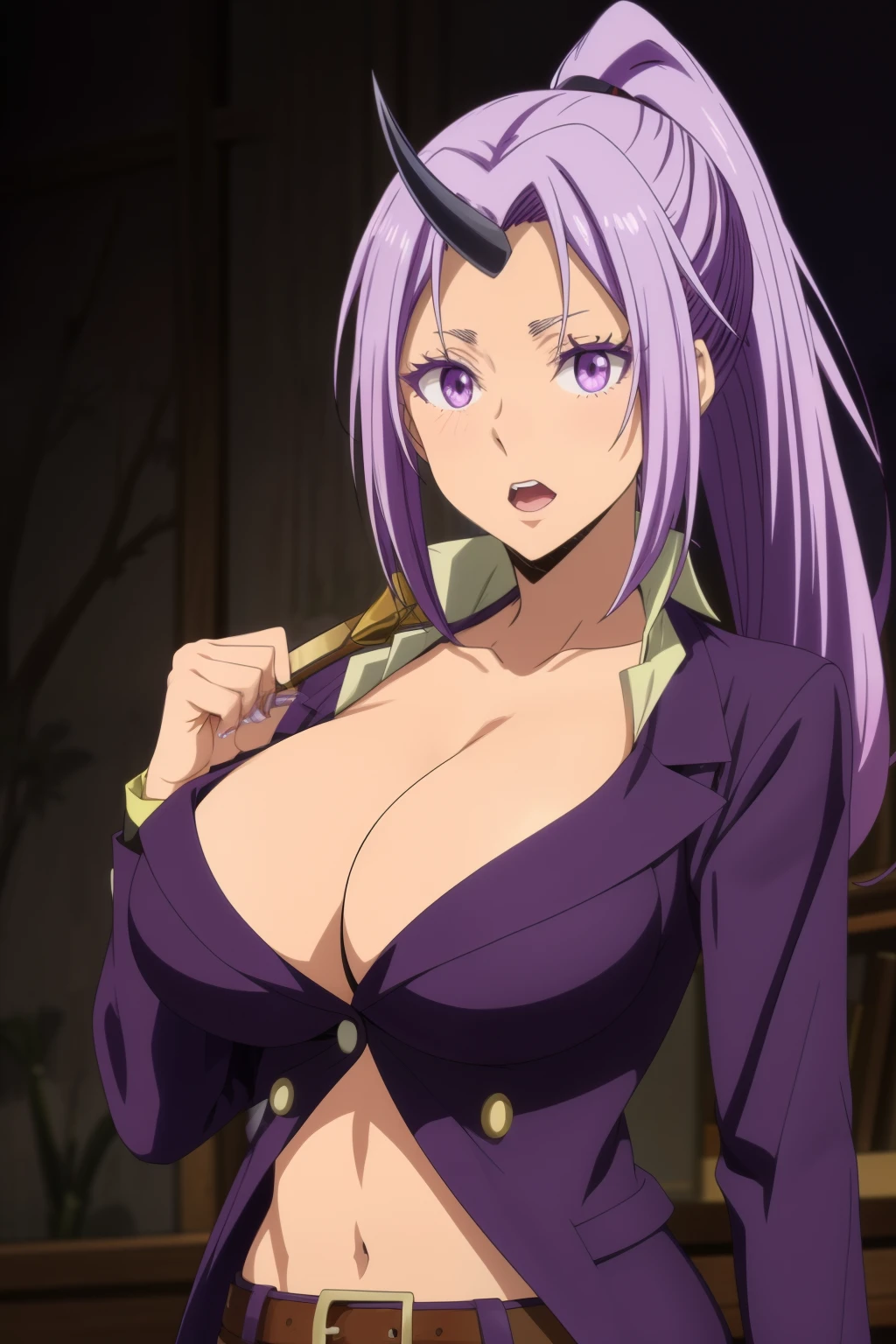 shion1 girl, belt, chest, cleavage, clavicle, holding, holding_sword, holding_arm, Horns, knife, big_chest, length_hair, Open_mouth, pants, ponytail, purple_eye, purple_hair, purple_Jacket, shirt, simple_background, single_Horn, alone, sword, very_length_hair, arm