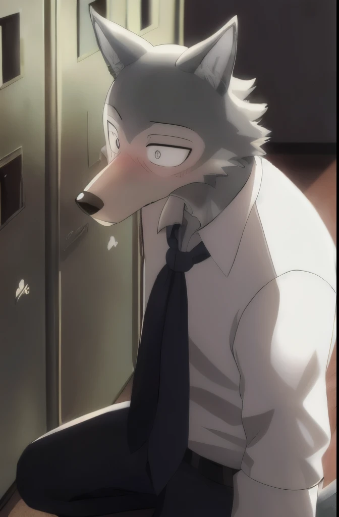 ((masterpiece)),((bestquality)),8k,high detailed,ultra-detailed, depth of field, wide angle,1boy, legoshi, ((gray_wolf_boy)),male focus, solo, handsome face,Stylish Pose, soft lighting, school uniform, yiff, ((cinematic shot)), open shirt, shoulders out, loose shirt, blushing, worried expression, aroused, fluffy chest, exposed chest, flustered, embarrassed, kneeling, locker, under shadow,