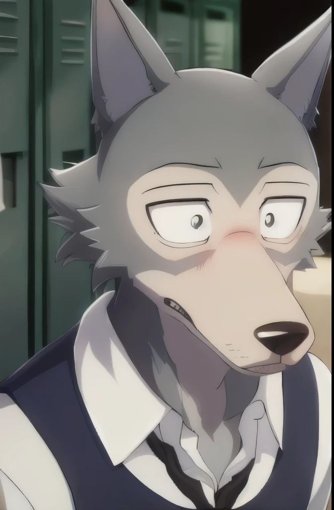 ((masterpiece)),((bestquality)),8k,high detailed,ultra-detailed, depth of field, wide angle,1boy, legoshi, ((gray_wolf_boy)),male focus, solo, handsome face,Stylish Pose, soft lighting, school uniform, yiff, ((cinematic shot)), open shirt, shoulders out, loose shirt, blushing, worried expression, aroused, fluffy chest, exposed chest, flustered, embarrassed, kneeling, locker, under shadow,