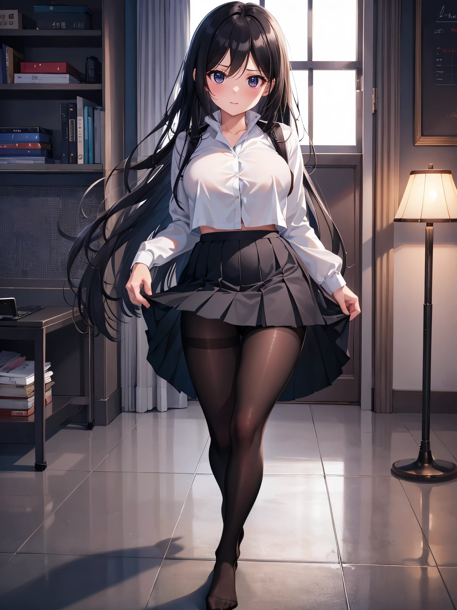 (1 girl),(high quality), (High resolution), (extremely detailed), (8K),(focus on lower body),(CG),high school girl、18-year-old girlfriend、girls high school uniform、navy pleated skirt、panties、(black pantyhose:1.2),(erect nipple shape),No shoes、(neutral white lighting),Transparent clothing