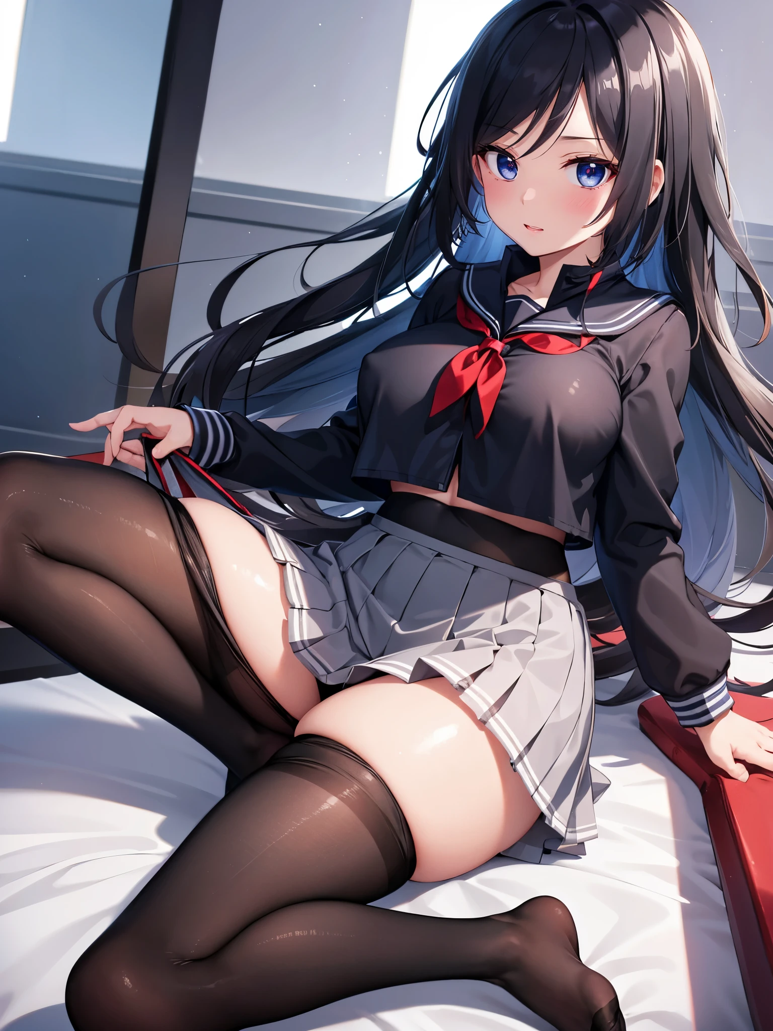 (1 girl),(high quality), (High resolution), (extremely detailed), (8K),(focus on lower body),(CG),high school girl、18-year-old girlfriend、girls high school uniform、navy pleated skirt、panties、(black pantyhose:1.2),(erect nipple shape),No shoes、(neutral white lighting),Transparent clothing