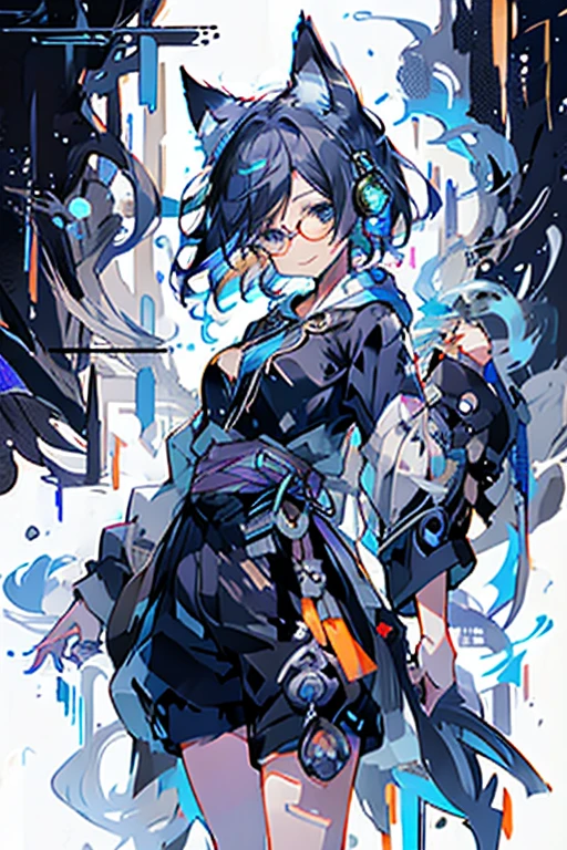 8K high quality、((first-class))、((masterpiece))、((Super detailed))、1 female、、Strenuous movements、There is a sense of dynamism、aggressive、disorganized、oversized hoodie、headphones、street、Exterior light、Rain at night、neon、short cut hair、light colored eyes、shorts、Water dripping、blue hair gradient purple、bob hair、Glasses、Cat ear、animal ears、Sparkling eyes、soft expression、smile