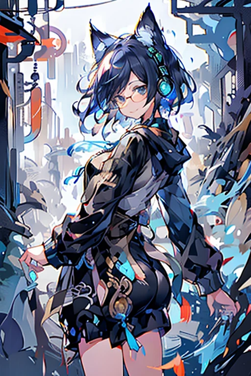 8K high quality、((first-class))、((masterpiece))、((Super detailed))、1 female、、Strenuous movements、There is a sense of dynamism、aggressive、disorganized、oversized hoodie、headphones、street、Exterior light、Rain at night、neon、short cut hair、light colored eyes、shorts、Water dripping、blue hair gradient purple、bob hair、Glasses、Cat ear、animal ears、Sparkling eyes、soft expression、smile

