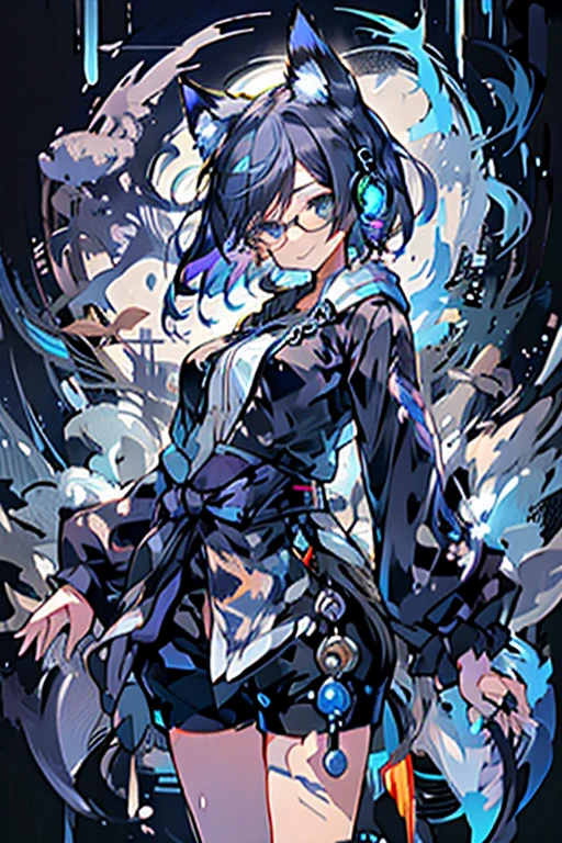 8K high quality、((first-class))、((masterpiece))、((Super detailed))、1 female、、Strenuous movements、There is a sense of dynamism、aggressive、disorganized、oversized hoodie、headphones、street、Exterior light、Rain at night、neon、short cut hair、light colored eyes、shorts、Water dripping、blue hair gradient purple、bob hair、Glasses、Cat ear、animal ears、Sparkling eyes、soft expression、smile

