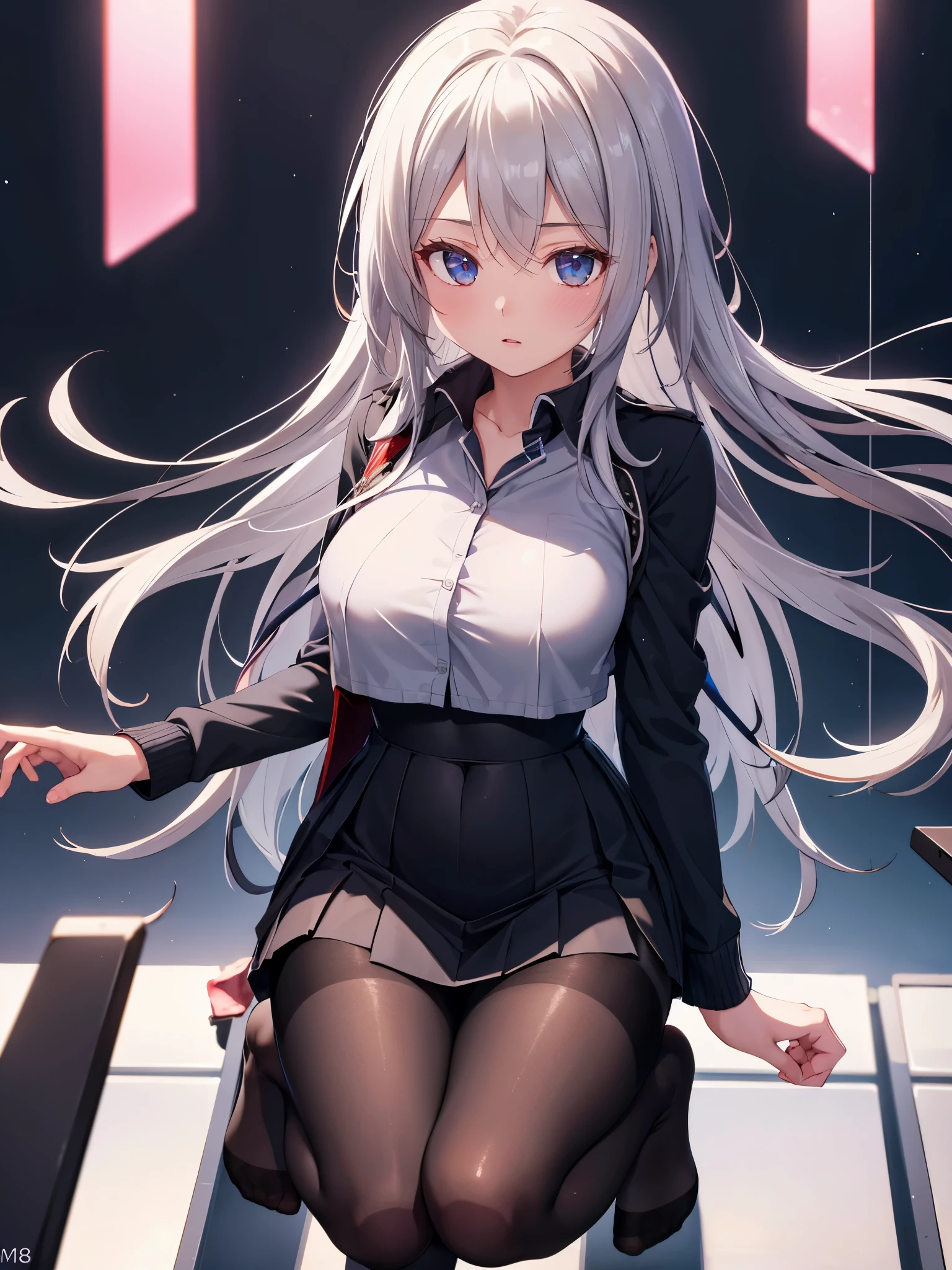 (1 girl),(high quality), (High resolution), (extremely detailed), (8K),(focus on lower body),(CG),high school girl、18-year-old girlfriend、girls high school uniform、navy pleated skirt、panties、(black pantyhose:1.2),(erect nipple shape),No shoes、(neutral white lighting),Transparent clothing