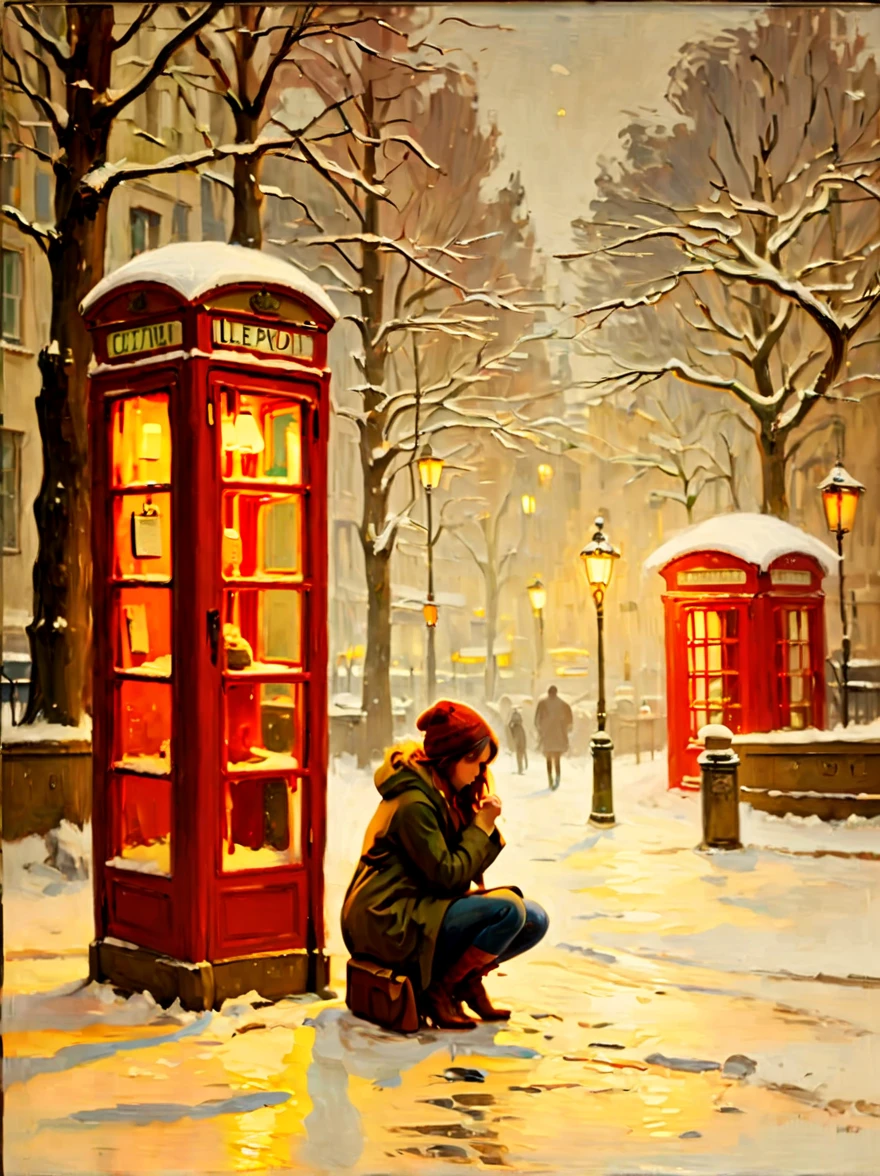 Midwinter,heavy snowfall,Everything is covered in snow and ice。street corner,A phone booth,((A beautiful girl squatting on the ground,Jumpy,Waiting anxiously alone)),This scene captures the cold white blanket of snow combined with the warmth emanating from the phone booth、The contrast between the rays of hope,(Highlighting the girl's loneliness and waiting in this quiet and somber winter landscape),(medium shot:1.5), (8k),Pierre Bonnard Style - Pierre Bonnard, Scene painting, Oil painting in the style of Pierre Bonnard