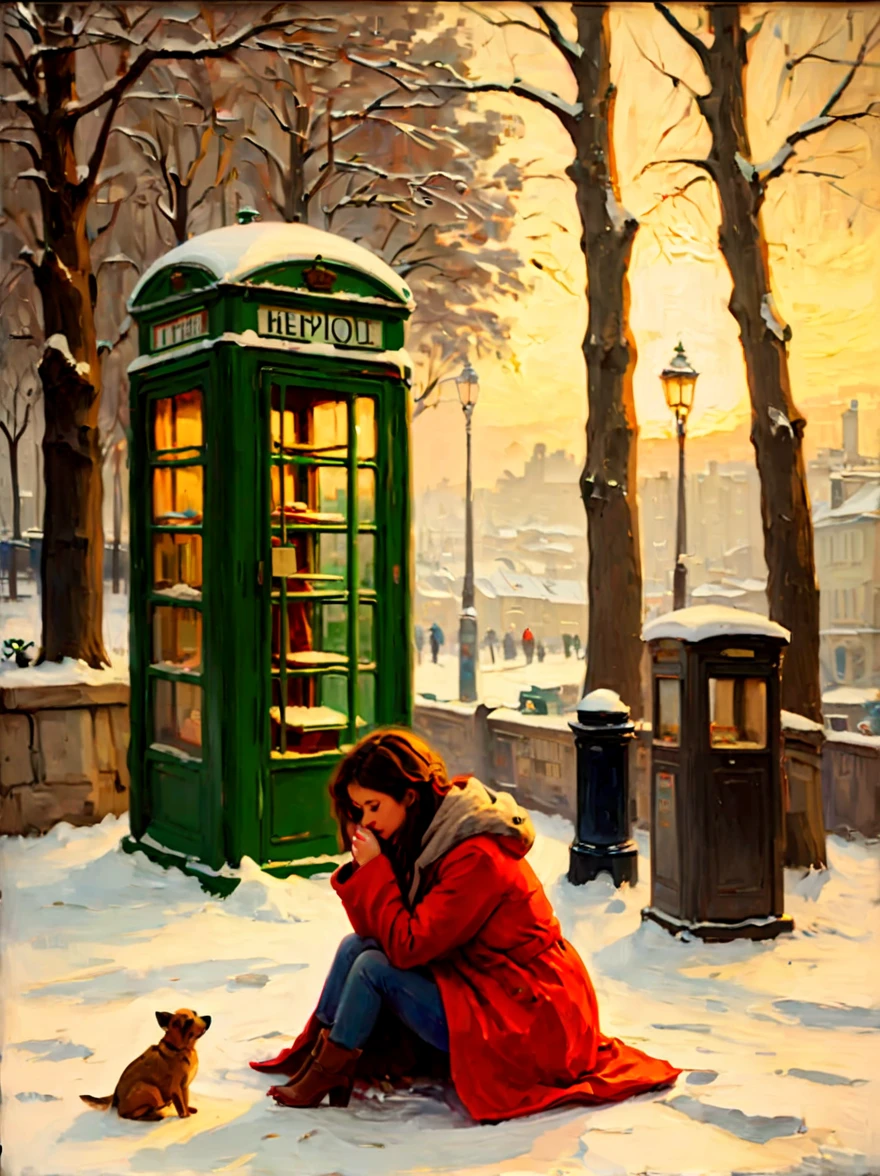 Midwinter，heavy snowfall，Everything is covered in snow and ice。street corner，A phone booth，((A beautiful girl squatting on the ground，Jumpy，Waiting anxiously alone))，This scene captures the cold white blanket of snow combined with the warmth emanating from the phone booth、The contrast between the rays of hope，(Highlighting the girl&#39;s loneliness and waiting in this quiet and somber winter landscape)，(medium shot:1.5), (8k)，Pierre Bonnard Style - Pierre Bonnard, Scene painting, Oil painting in the style of Pierre Bonnard