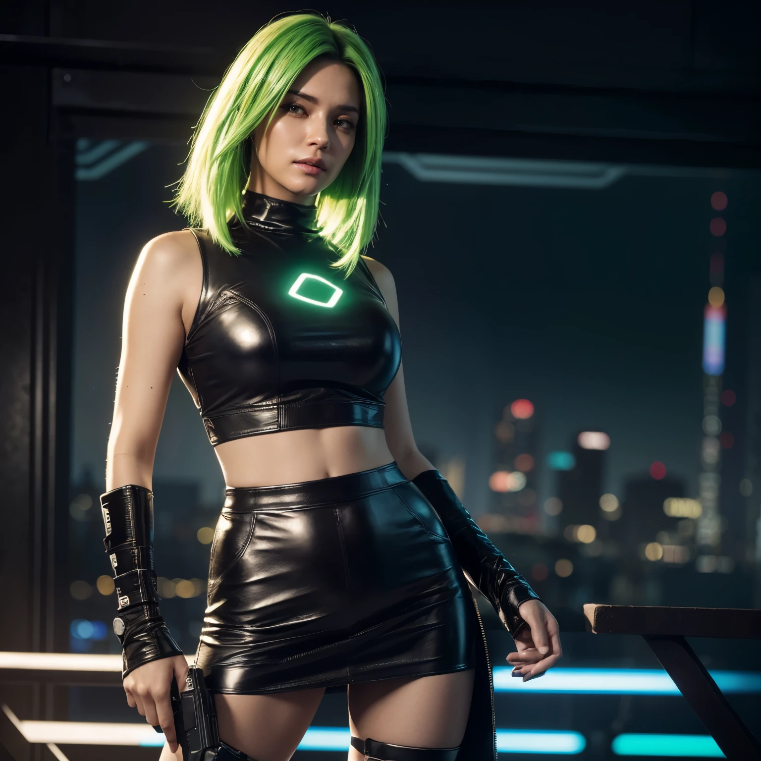 Cyberpunk Night City,neonlight,green hair,Full Length,Looks straight,holding a cyberpunk pistol in his right hand,wear a short cyberpunk skirt,Full Length, (photo Realistic:1.4), (hyper Realistic:1.4), (Realistic:1.3), (smoother lighting:1.05), (improve the quality of cinematic lighting:0.9), 32K, 1 girl,20 year old girl, Realistic lighting, backlight, face the world, ray tracing, (bright light:1.2), (Increase quality:1.4), (Premium real leather texture.:1.4), very detailed eyes, finely detailed face, (fatigue, drowsiness and joy), (laughter:0), t-shirts, (Improve your body line mood:1.1), (Increase the beauty of skin texture:1.1)