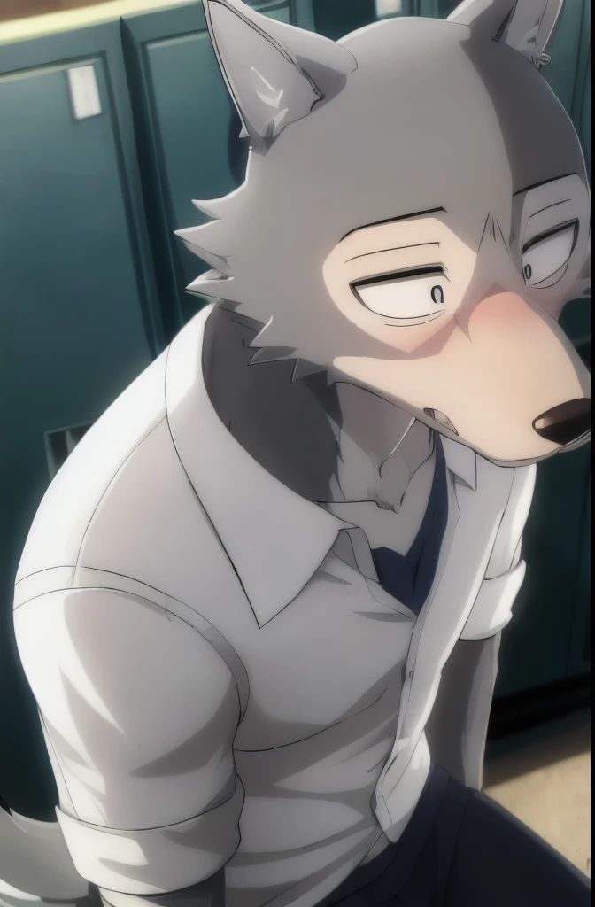 ((masterpiece)),((bestquality)),8k,high detailed,ultra-detailed, depth of field, wide angle,1boy, legoshi, ((gray_wolf_boy)),male focus, solo, handsome face,Stylish Pose, soft lighting, school uniform, yiff, ((cinematic shot)), open shirt, shoulders out, loose shirt, blushing, worried expression, aroused, fluffy chest, exposed chest, flustered, embarrassed, kneeling, locker, under shadow,