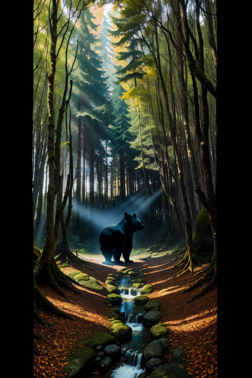 /imagine prompt: In a serene forest, a large black bear with a thick, shaggy mane frolics playfully with a small, agile squirrel. The bear's fur is as dark as the richest, most fertile soil, and the squirrel's gray fur contrasts sharply against the lush greenery. They engage in a delightful game of tag, weaving between the towering trees and darting around the clear, sparkling stream. The forest's verdant foliage is a living tapestry of vibrant colors, with the sunlight filtering through the leaves and casting dappled patterns on the forest floor. This idyllic