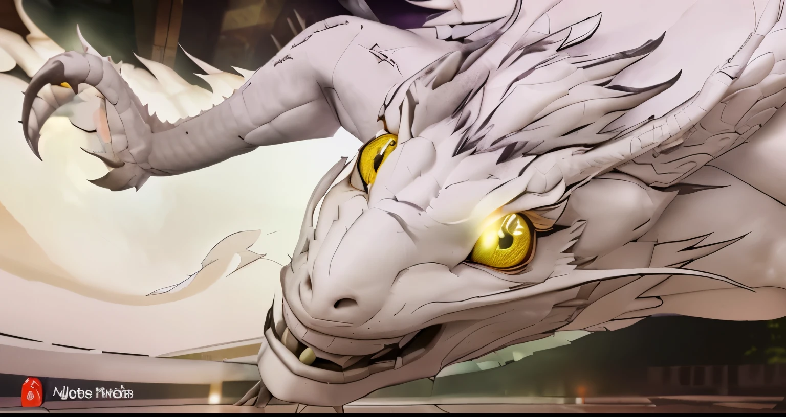 white dragon with white fur and yellow eyes facing front view