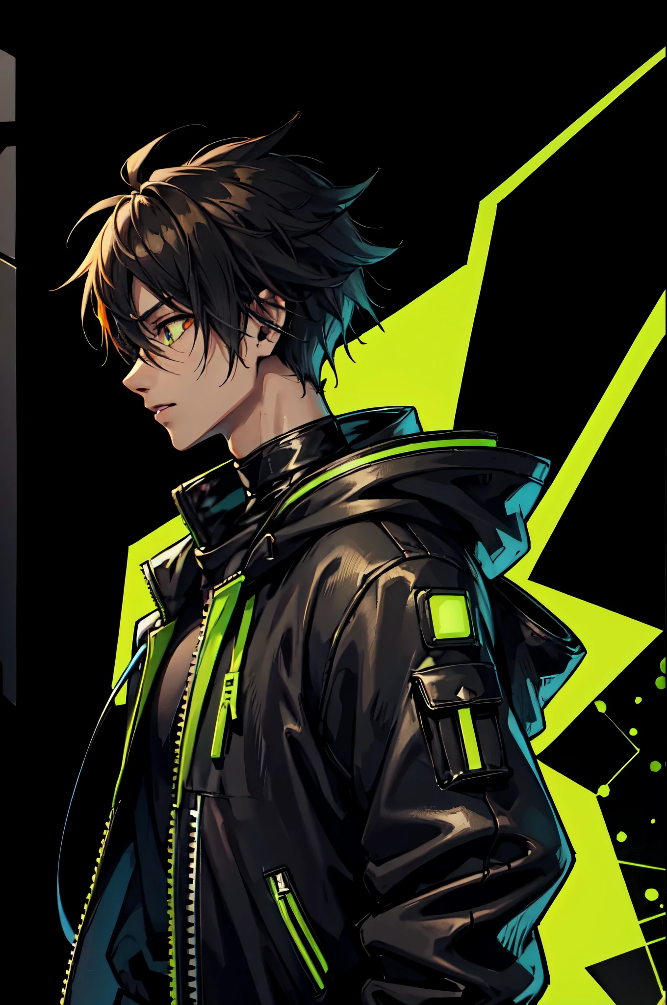 black anime boy listening to music, side profile view, Techwear hoodie, Cyberpunk headphone with green glowing edges, orange glowing eyes, spikey haircut, Shoulder view, ((Black background))