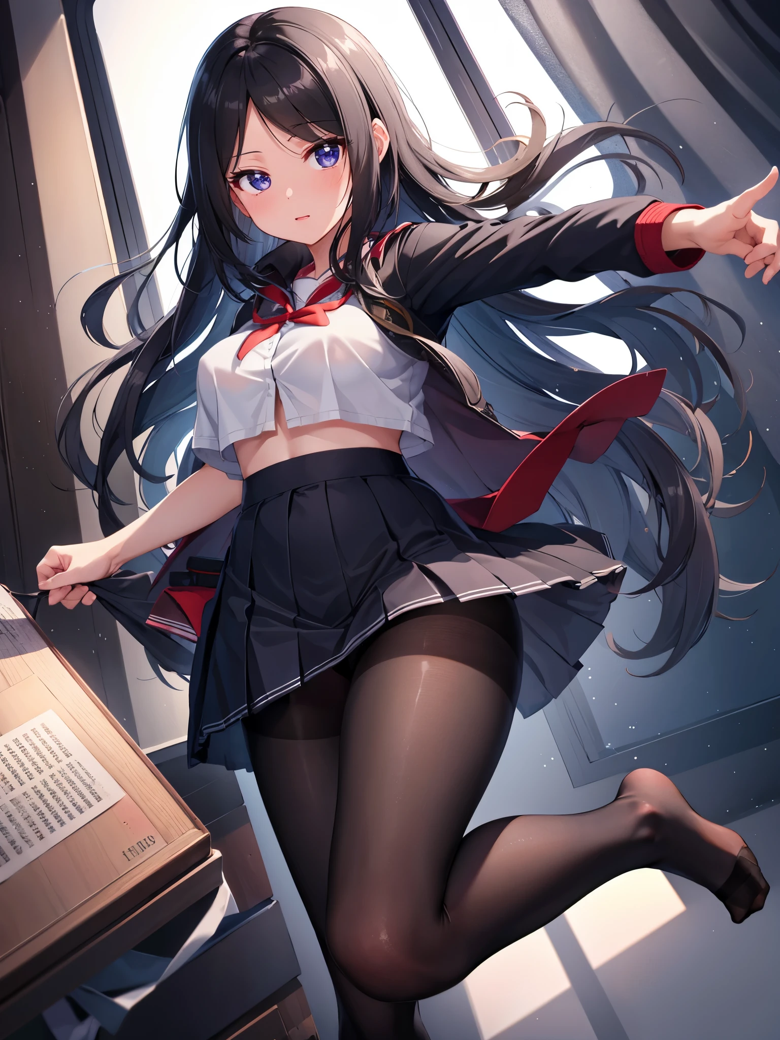 (1 girl),(high quality), (High resolution), (extremely detailed), (8K),(focus on lower body),(CG),high school girl、18-year-old girlfriend、girls high school uniform、navy pleated skirt、panties、(black pantyhose:1.2),(erect nipple shape),No shoes、(neutral white lighting),Transparent clothing