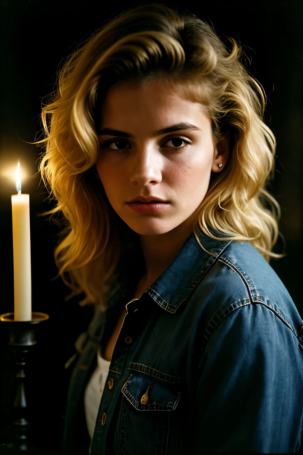 photograph of a woman, (troubled facial expression), textured skin, goosebumps, blonde afro hair, plaid flannel shirt with distressed boyfriend jeans, cowboy shot, dark and mysterious cave with unique rock formations and hidden wonders, perfect eyes, (candlelight,chiaroscuro), Porta 160 color, shot on ARRI ALEXA 65, bokeh, sharp focus on subject, shot by Don McCullin