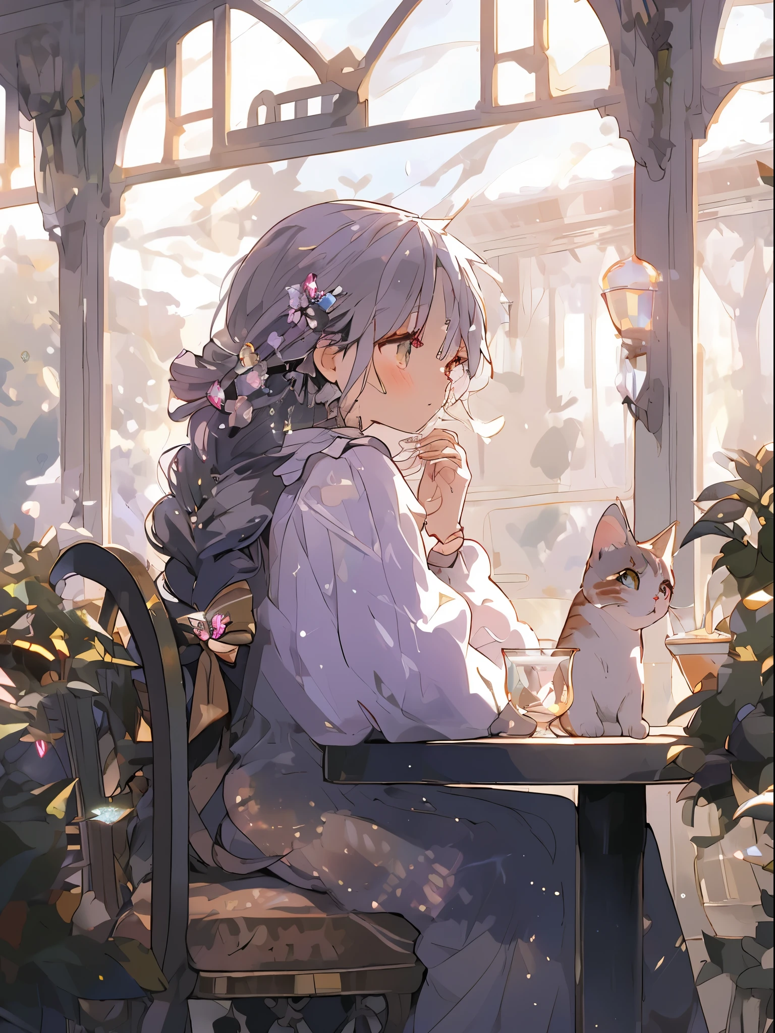 Fluffy atmosphere,Cafe terrace in the forest,Gentle sunlight through the trees,Cat and girl,Beautiful woman looking back,Braided hair,hair swaying in the wind,delicate makeup,Transparent skin quality,Rin々Shii Neko, perfect hands,precise fingers,Diamond Accessories,Sparkly glitter