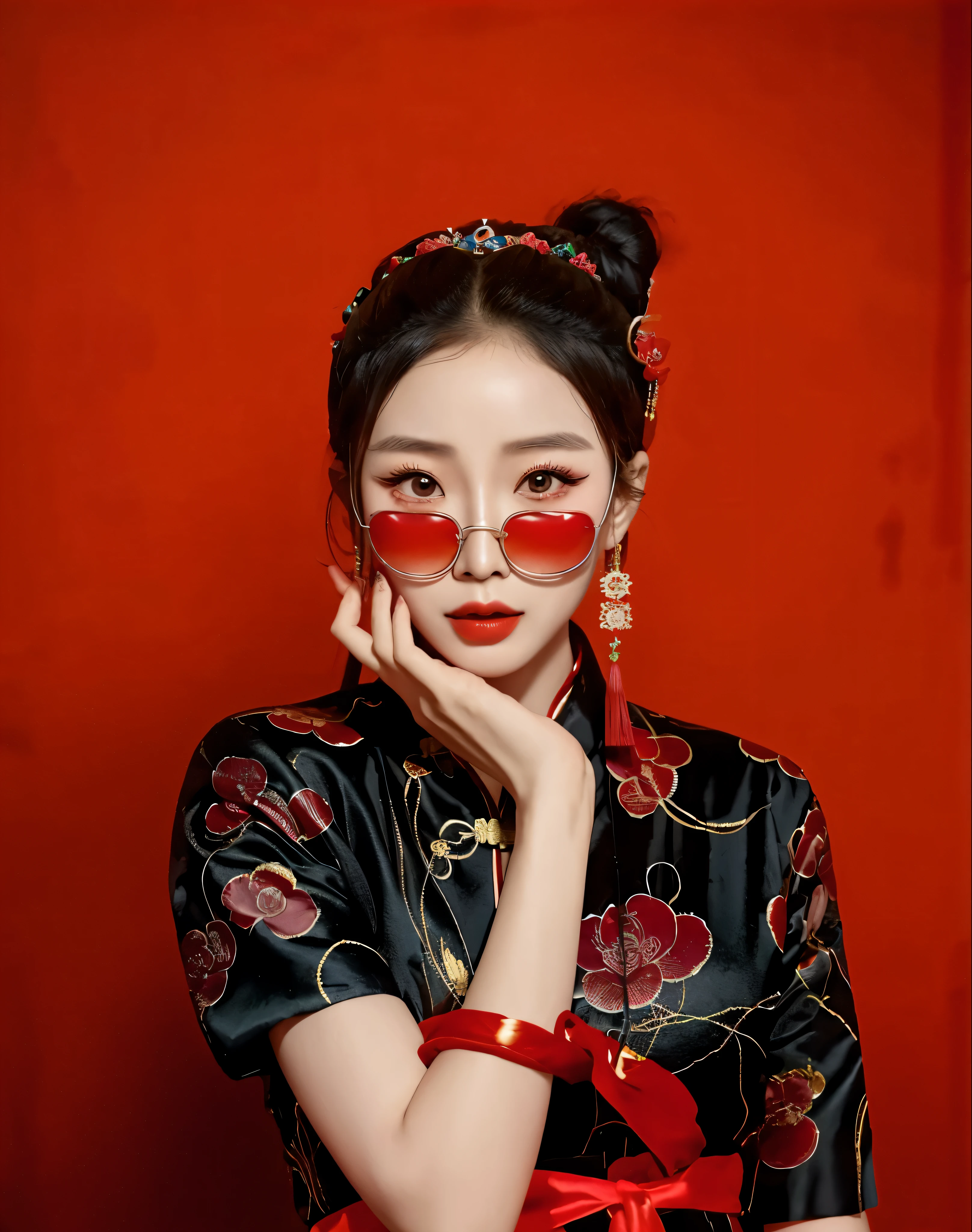 arafed woman with red nose rings and a black dress, chinese style, chinese girl, wearing a red cheongsam, chinese woman, with acient chinese clothes, traditional chinese, cheongsam, sha xi, wearing red tainted glasses, chinese dress, gorgeous chinese model, palace , a girl in hanfu, red adornments, chinese costume