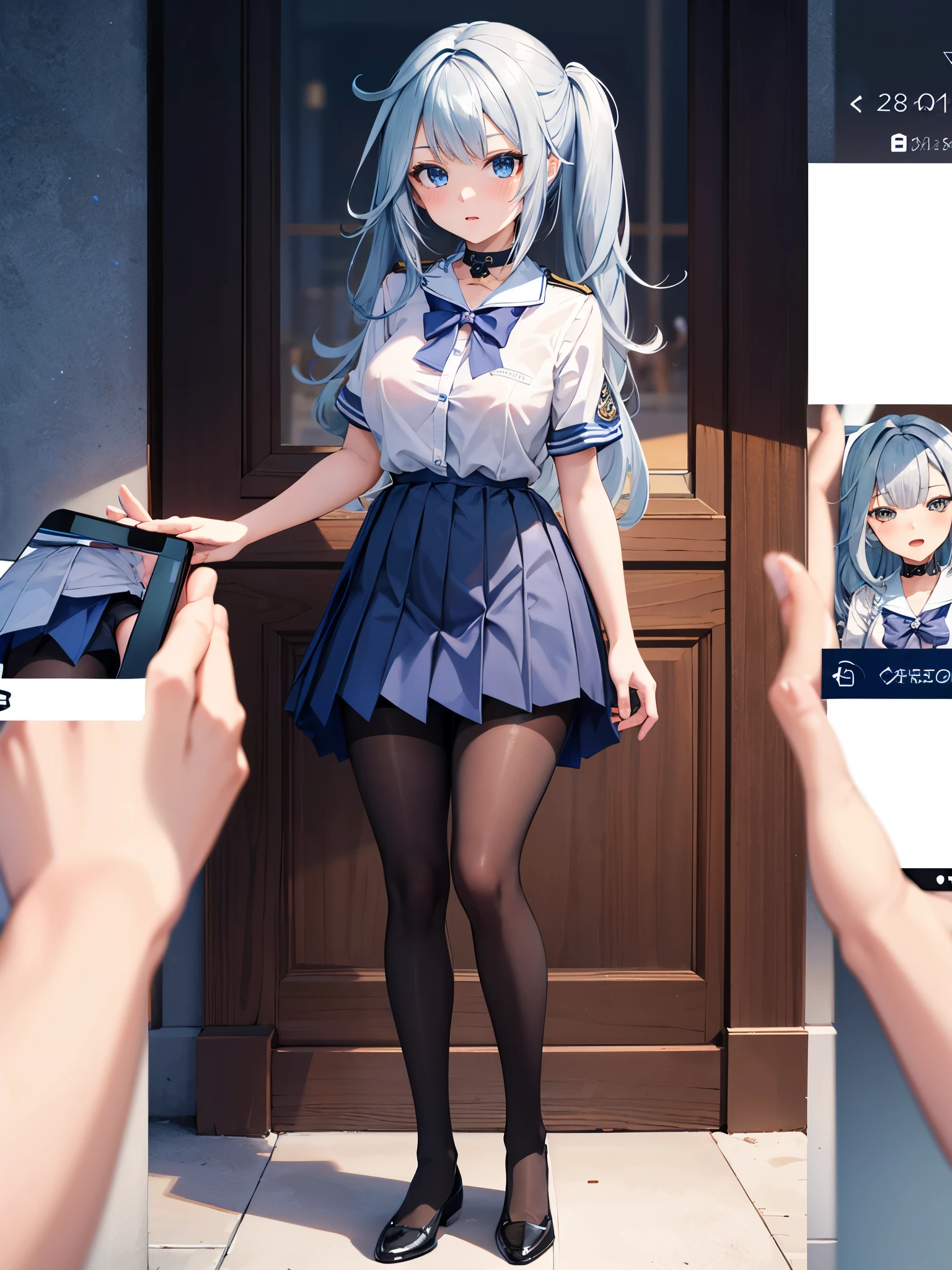 (1 girl),(high quality), (High resolution), (extremely detailed), (8K),(focus on lower body),(CG),high school girl、18-year-old girlfriend、girls high school uniform、navy pleated skirt、panties、(black pantyhose:1.2),(erect nipple shape),No shoes、(neutral white lighting),Transparent clothing