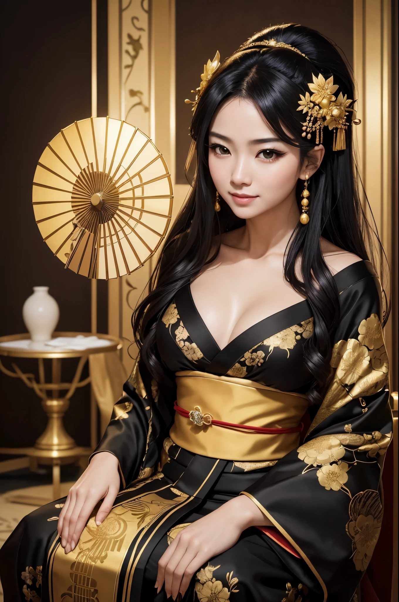 (8K,Photoreal born写真 highest quality;1.4) 1 mature female,Super beautiful(lifelike face) ,(long black hair),清楚なQueen,Gorgeous black and gold Japanese women's traditional costume,seduce the viewer,beautiful expression,moist black eyes,Queenのメイクアップ,(Queen),Charm,small breasts,Golden decoration,筋肉質の細い身体のマッチョなQueen,Gorgeous hair ornaments,hold a fan,kimono,Black and gold kimono,small breasts,red eyeshadow,Super high resolution,surreal,high details,rich colors, Backlight, cinematic lighting, film grain, born, 50mm lens, Nikon D850,smile,Super realistic,highest qualityのフォトリアリスティックなRAW写真。Bright colors,perfect woman image,fantasy art,character art,background,A room in a big mansion,