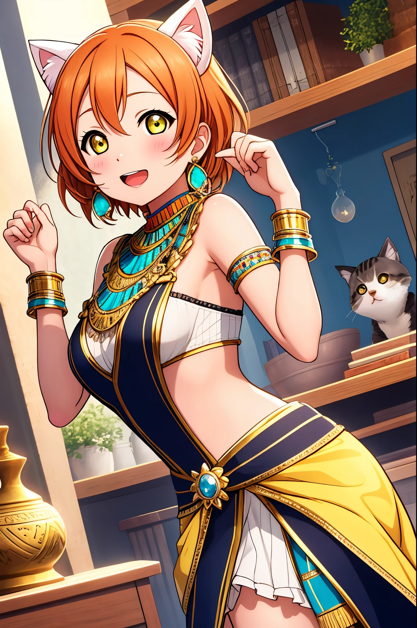 masterpiece, best quality,(hoshizora rin:1.000),  yellow eyes, orange hair, (breasts:0.996), (jewelry:0.994), (cat ears:0.994), (egyptian clothes:0.950), (pelvic curtain:0.788), (bracelet:0.756),(cat girl:0.692), (earrings:0.671), (egyptian:0.618), (ring:0.600), (looking at viewer:0.593), Blush, (open mouth:0.5), Submissive 