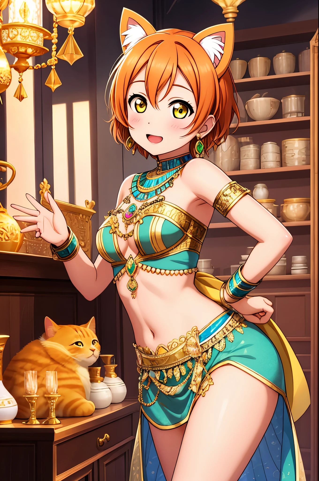 masterpiece, best quality,(hoshizora rin:1.000),  yellow eyes, orange hair, (breasts:0.996), (jewelry:0.994), (cat ears:0.994), (egyptian clothes:0.950), (pelvic curtain:0.788), (bracelet:0.756),(cat girl:0.692), (earrings:0.671), (egyptian:0.618), (ring:0.600), (looking at viewer:0.593), Blush, (open mouth:0.5), Submissive 