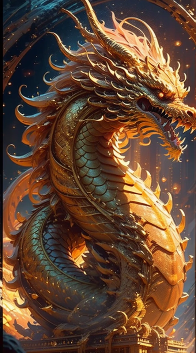 high resolution , 8K , golden dragon , mysterious，gold光，The structure is complete，technology science fiction，bokeh engine，gold，master piece，master piece，Created，high-definition picture quality，goldの背景 , highly detailed face , highly detailed body , highly detailed scales , mouth open