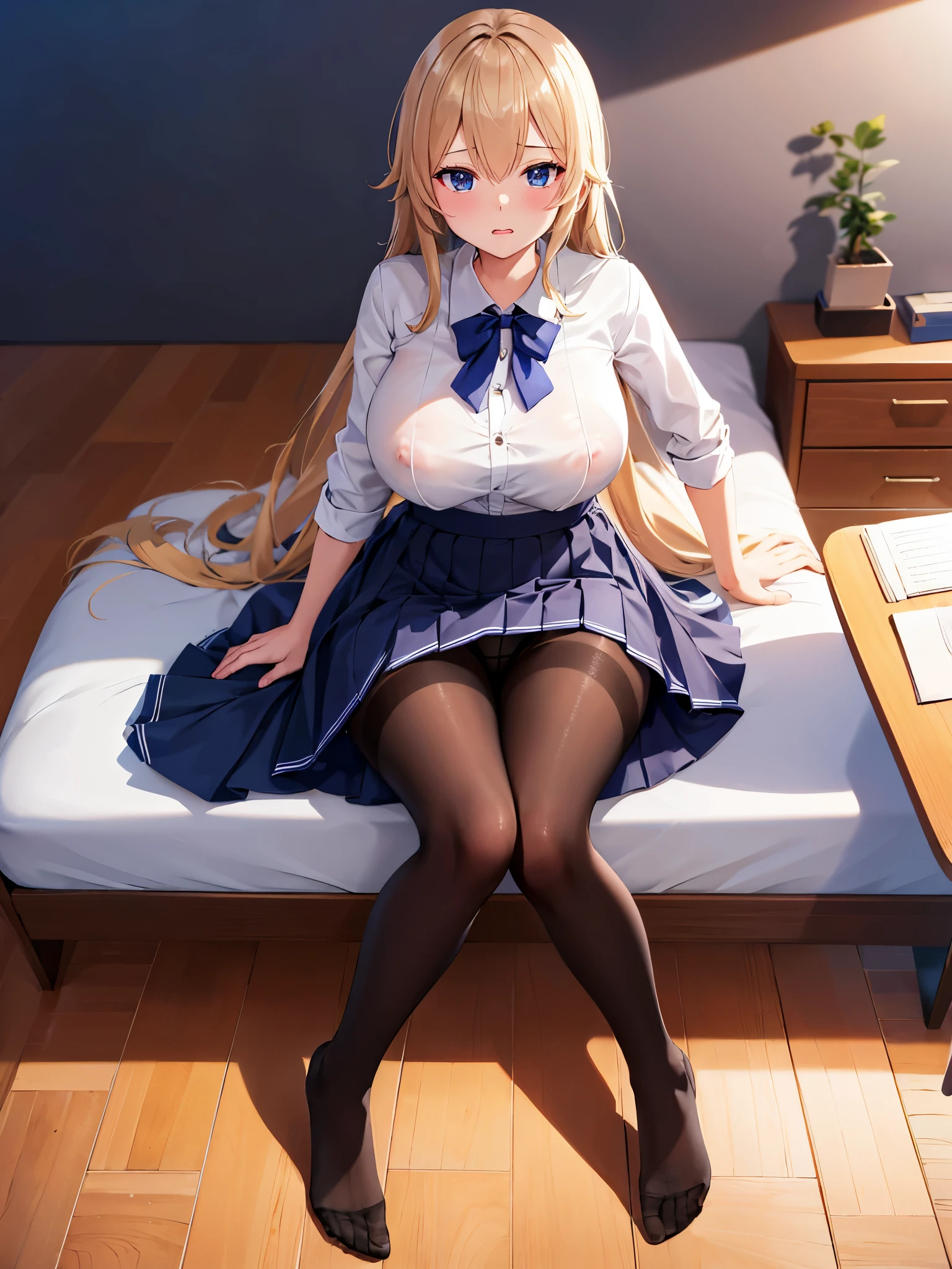 (1 girl),(high quality), (High resolution), (extremely detailed), (8K),(focus on lower body),(CG),high school girl、18-year-old girlfriend、girls high school uniform、navy pleated skirt、panties、(black pantyhose:1.2),(erect nipple shape),No shoes、(neutral white lighting),Transparent clothing