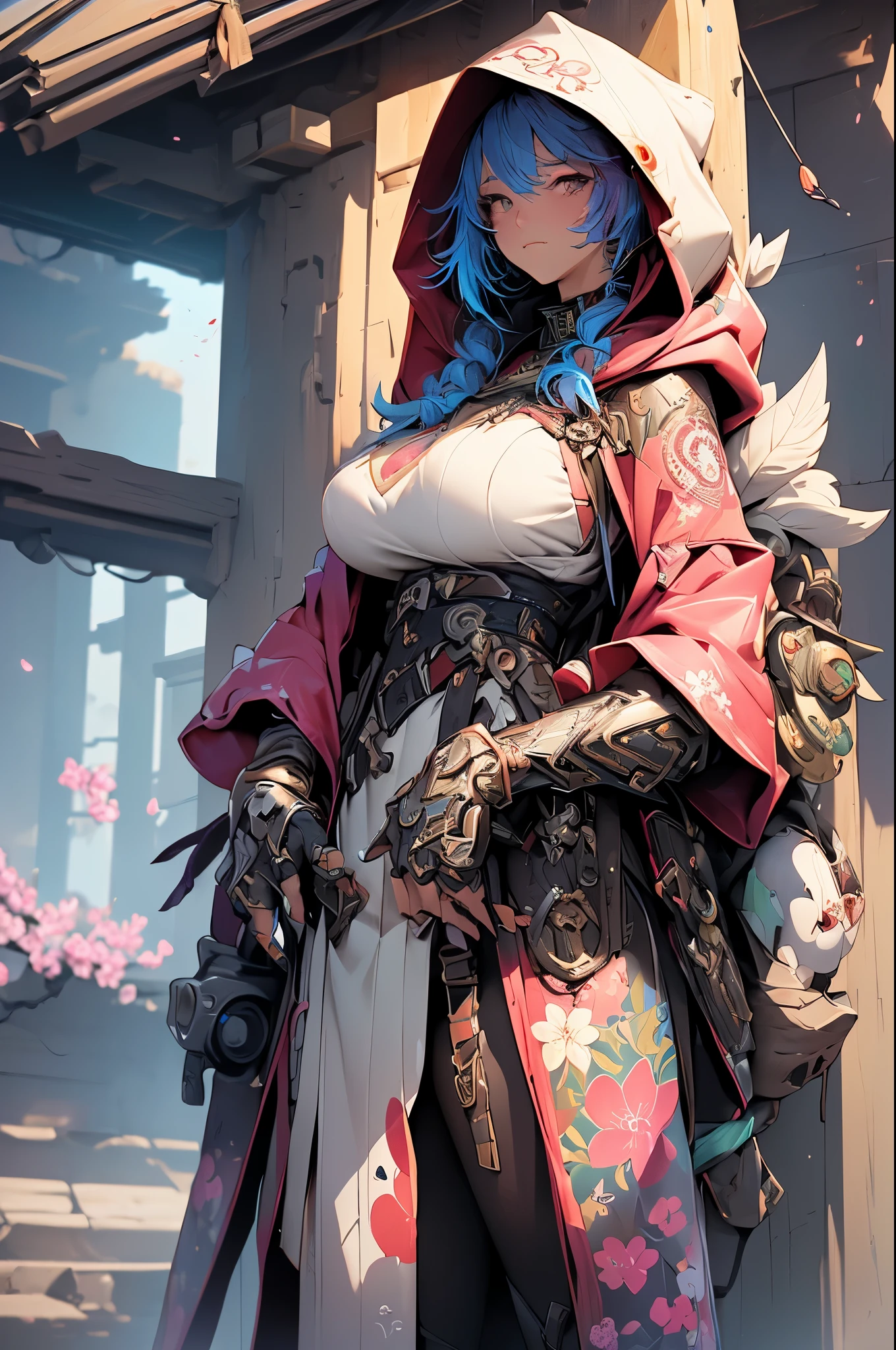 (masterpiece, top quality, best quality, official art, beautiful, cosmic, atmospheric, psychedelic, dreamlike and aesthetic, the most beautiful and highly detailed Harajuku-inspired hooded cyberpunk battle armor, super huge enormously gigantic tits, tons of tattoos and piercings:1.2), (1girl), extreme detailed,(fractal art:1.3),colorful,highest detailed, cherry blossoms blowing in the wind 