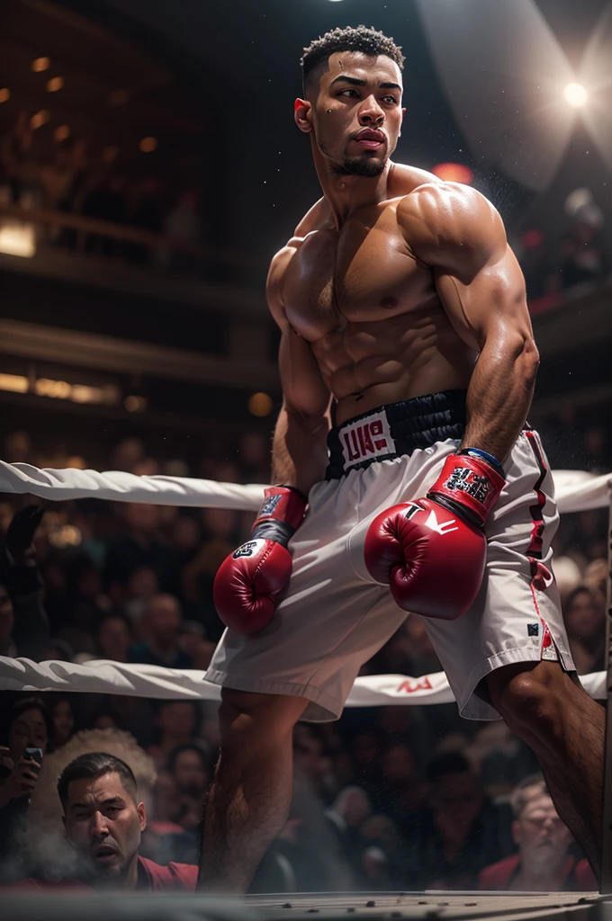 (digital painting)、(highest quality)、Male boxers, full of confidence々Facial expressions of, He lowered his arms on the ring.々standing with, 8K Ultra Real、boxing clothes, brown skin, white breath, Sweat, steam, Spotlight